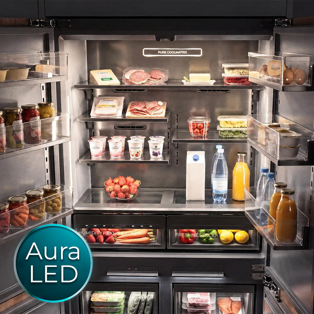 Un refrigerador moderno lleno de comestibles, botellas y fruta organizados en varios estantes.