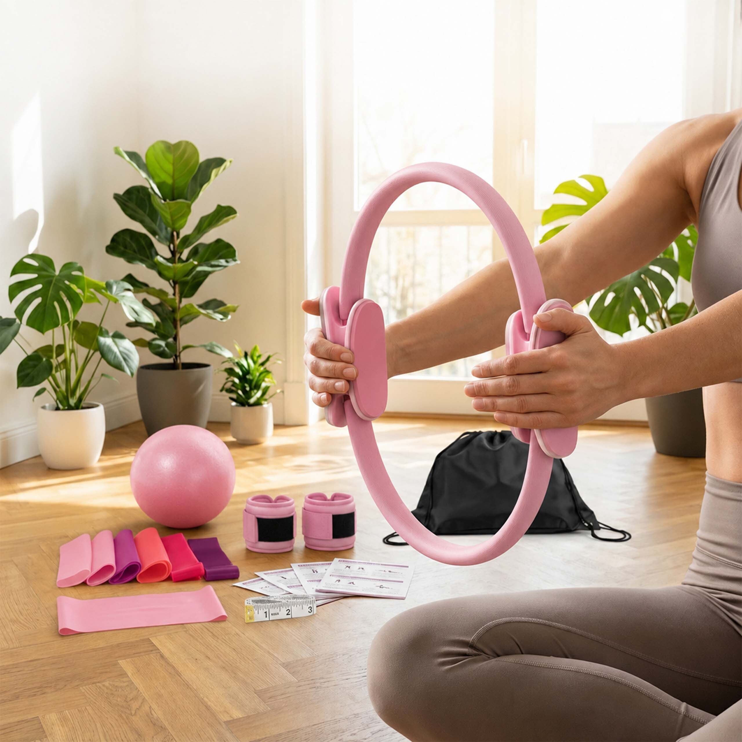 Eine Frau hält einen rosa Pilatesring, umgeben von Fitnessgeräten wie Widerstandsbändern, einem Ball und Pflanzen.