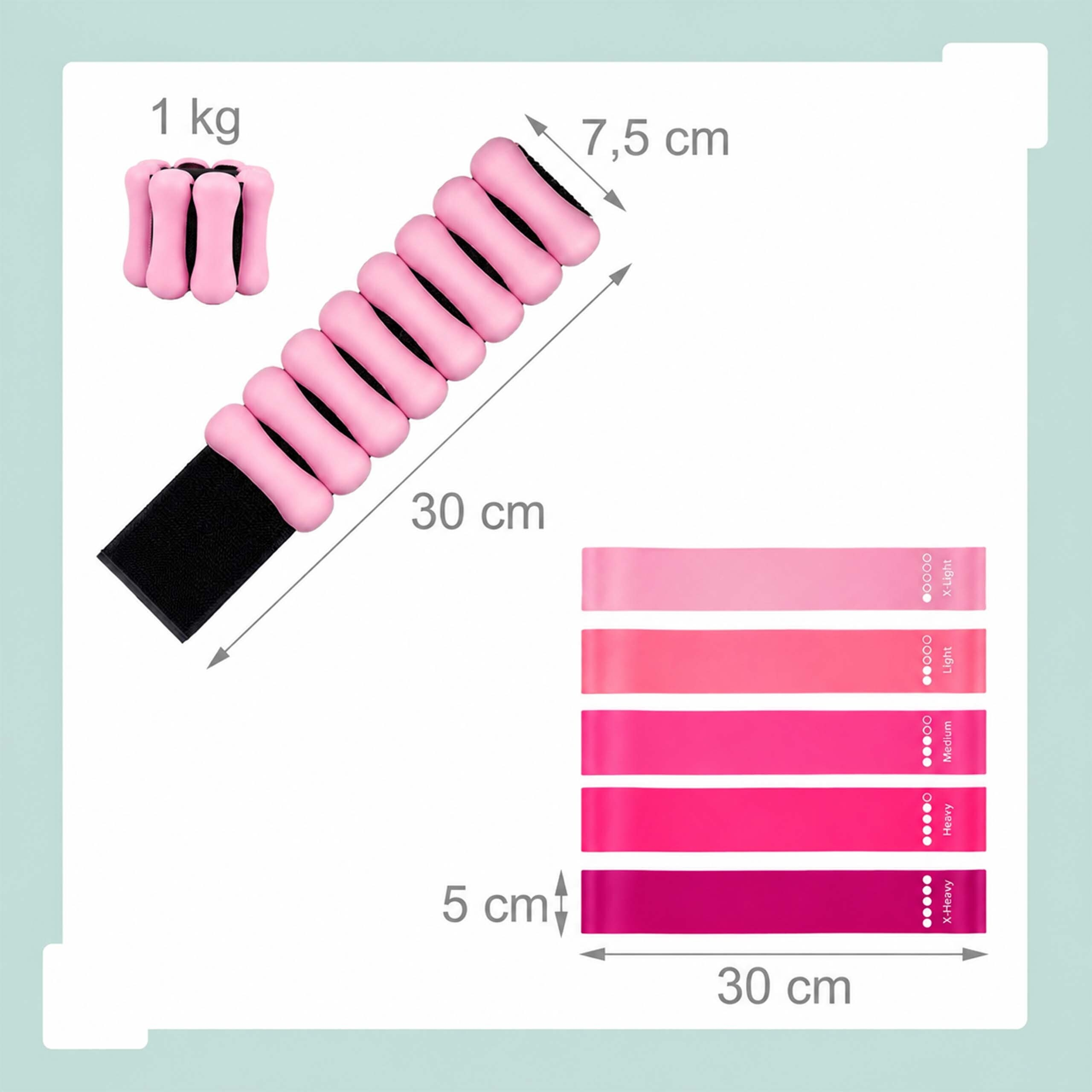 Rosa 1kg Handgelenkgewicht mit Maßen und fünf Widerstandsbändern.