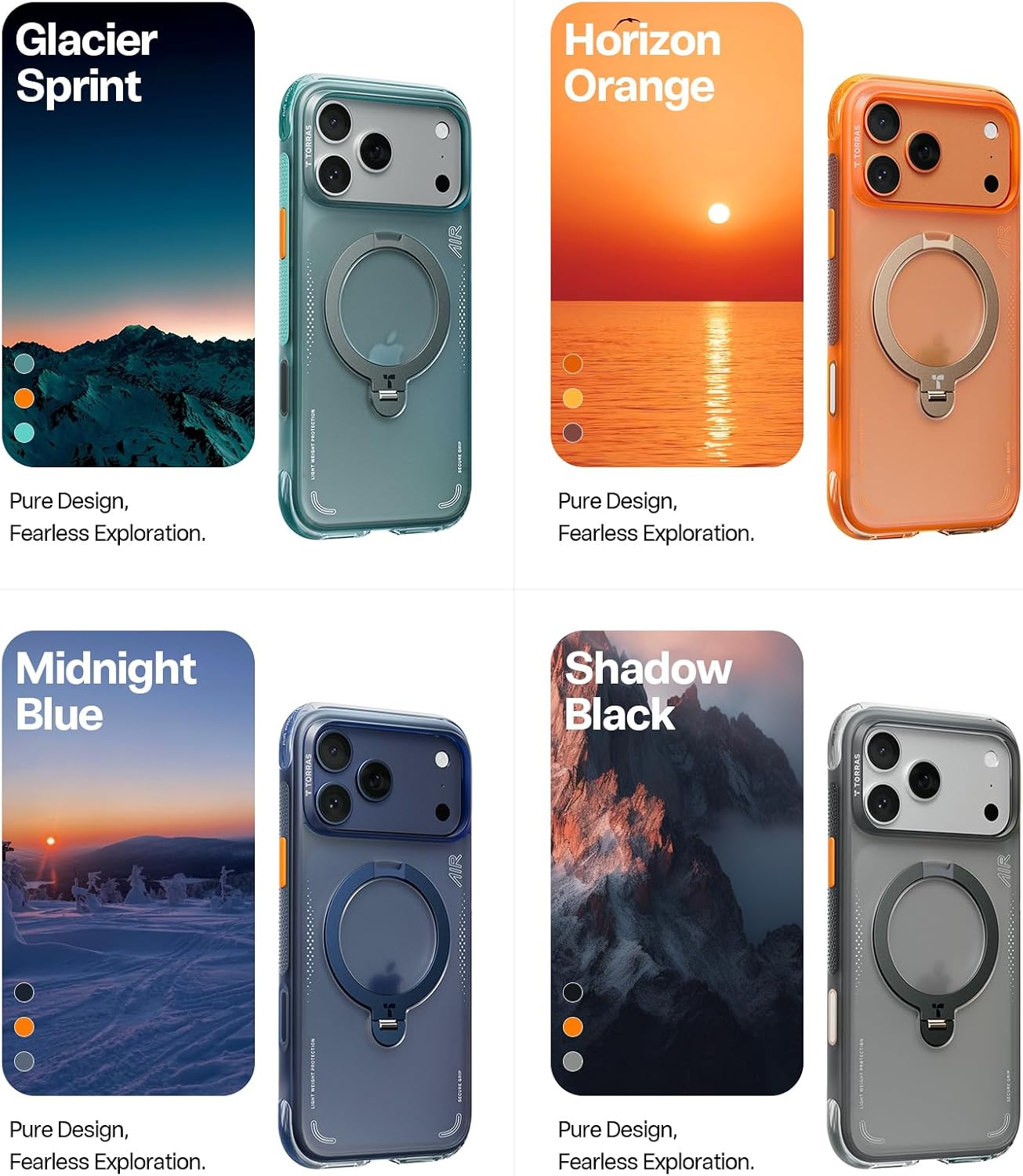 Vier farbige Smartphone-Hüllen mit integrierten Ständern, jeweils mit farblich abgestimmtem Hintergrund.