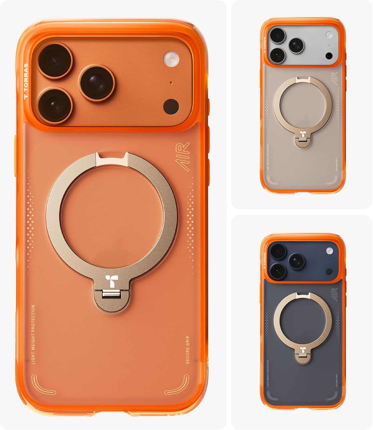 Turuncu, gümüş ve koyu mavi renklerde dahili standlara sahip üç turuncu telefon kılıfı.
