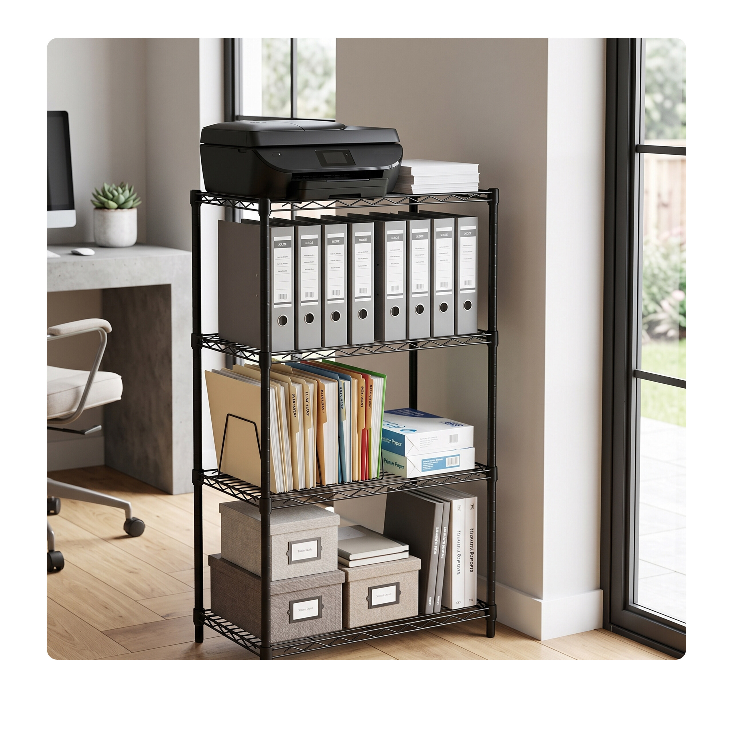 Ein schwarzes Metallregal im Büro, gefüllt mit Aktenordnern, Boxen und einem Drucker.