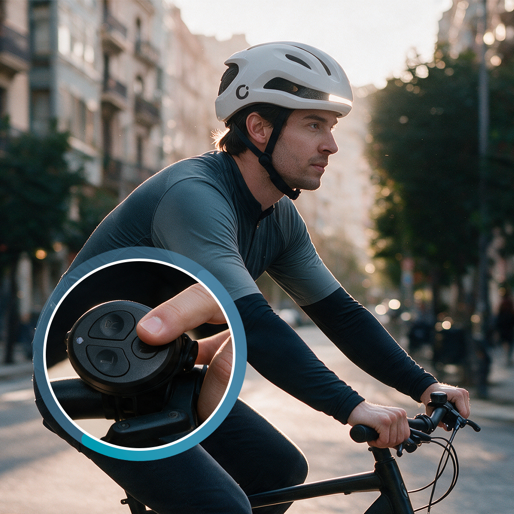 Un ciclista con casco blanco y maillot oscuro monta por una calle urbana, con un inset que muestra un control remoto.