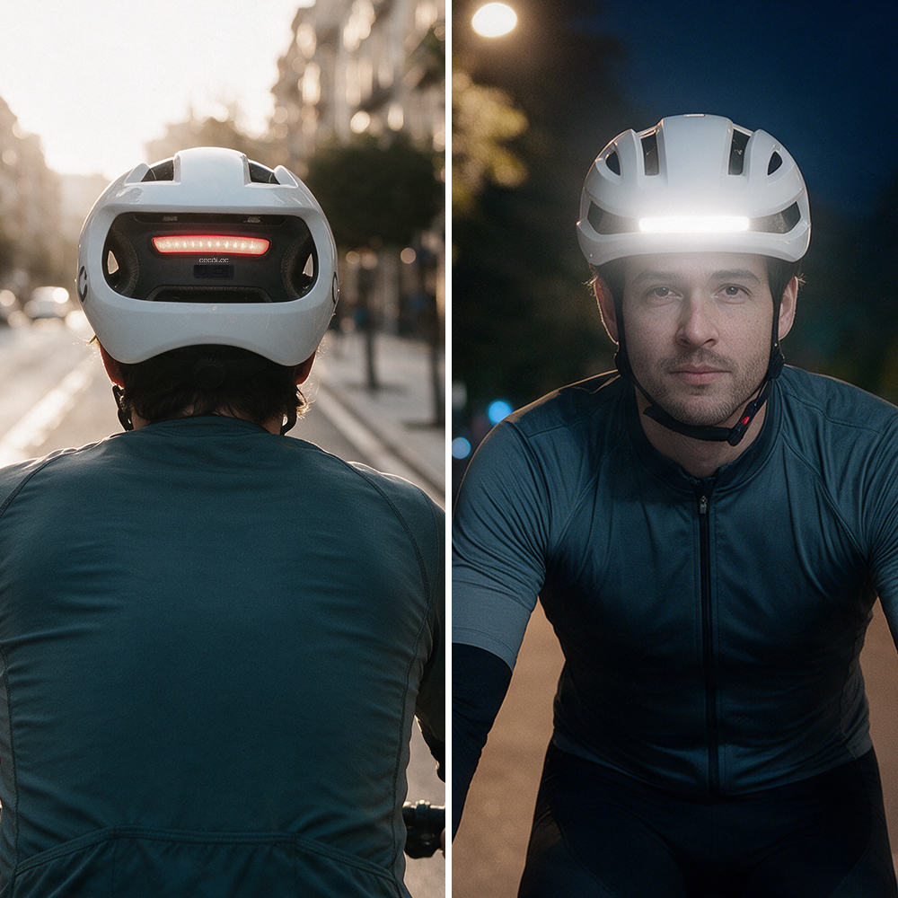 Ciclista con casco blanco con luz trasera roja y luz delantera brillante en la carretera.