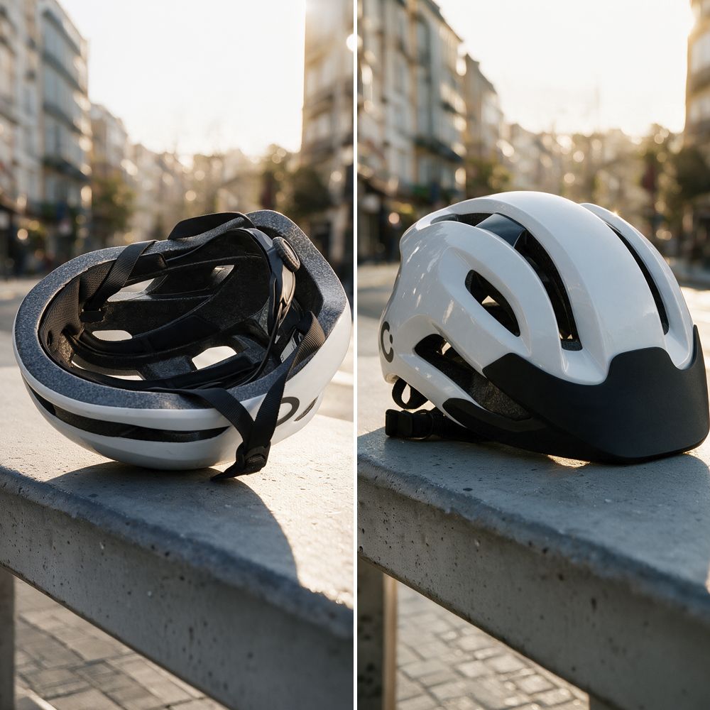 Un casco de bicicleta blanco con visera y correas negras sobre un muro de hormigón con fondo de calle urbana.