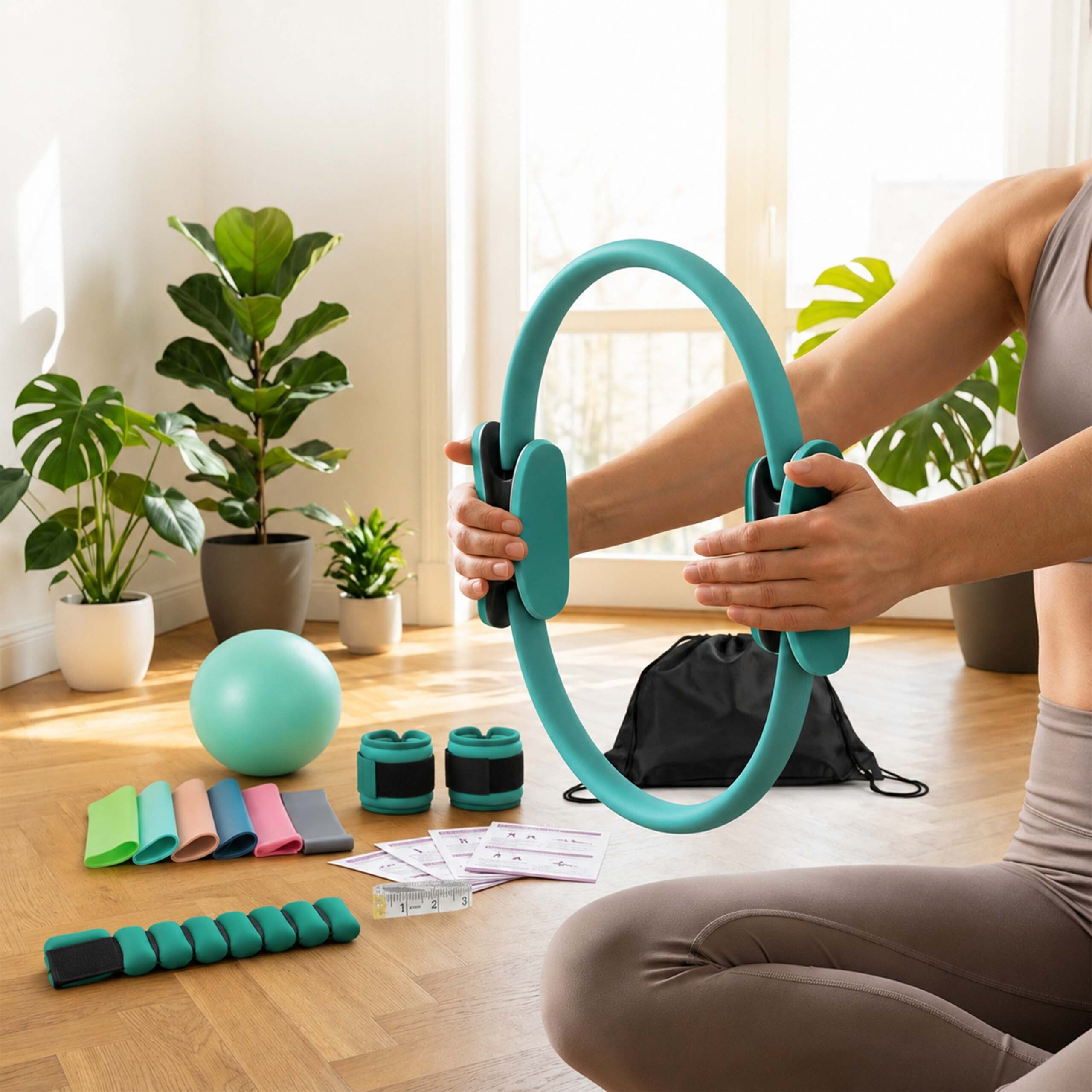 Eine Frau sitzt auf dem Boden und hält einen mintgrünen Pilatesring, umgeben von Fitnessgeräten und Pflanzen.