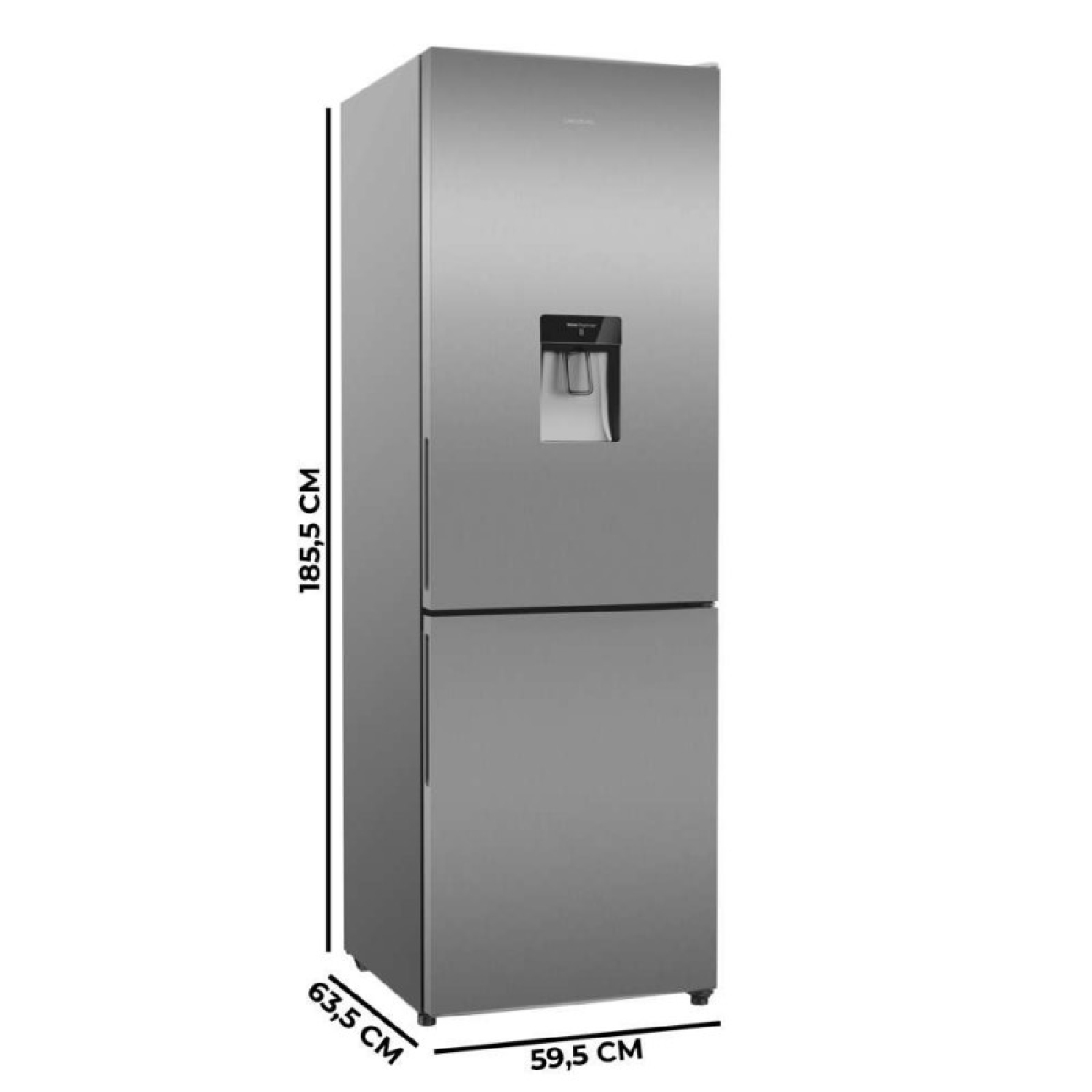 Frigorífico de acero inoxidable con dispensador de agua, altura 185,5 cm, ancho 59,5 cm, fondo 63,5 cm.