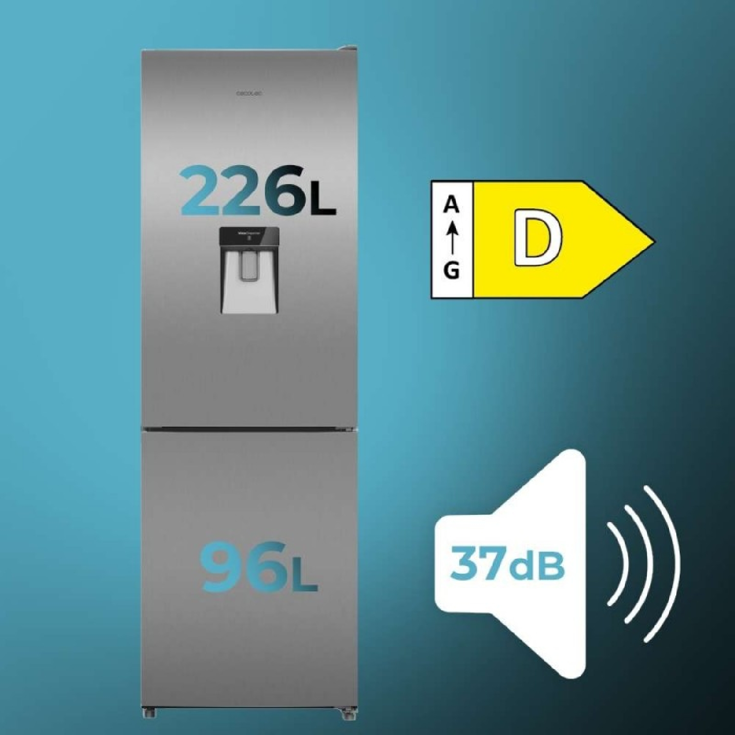 Frigorífico plateado con 226L y 96L de capacidad, clase energética D y 37dB.