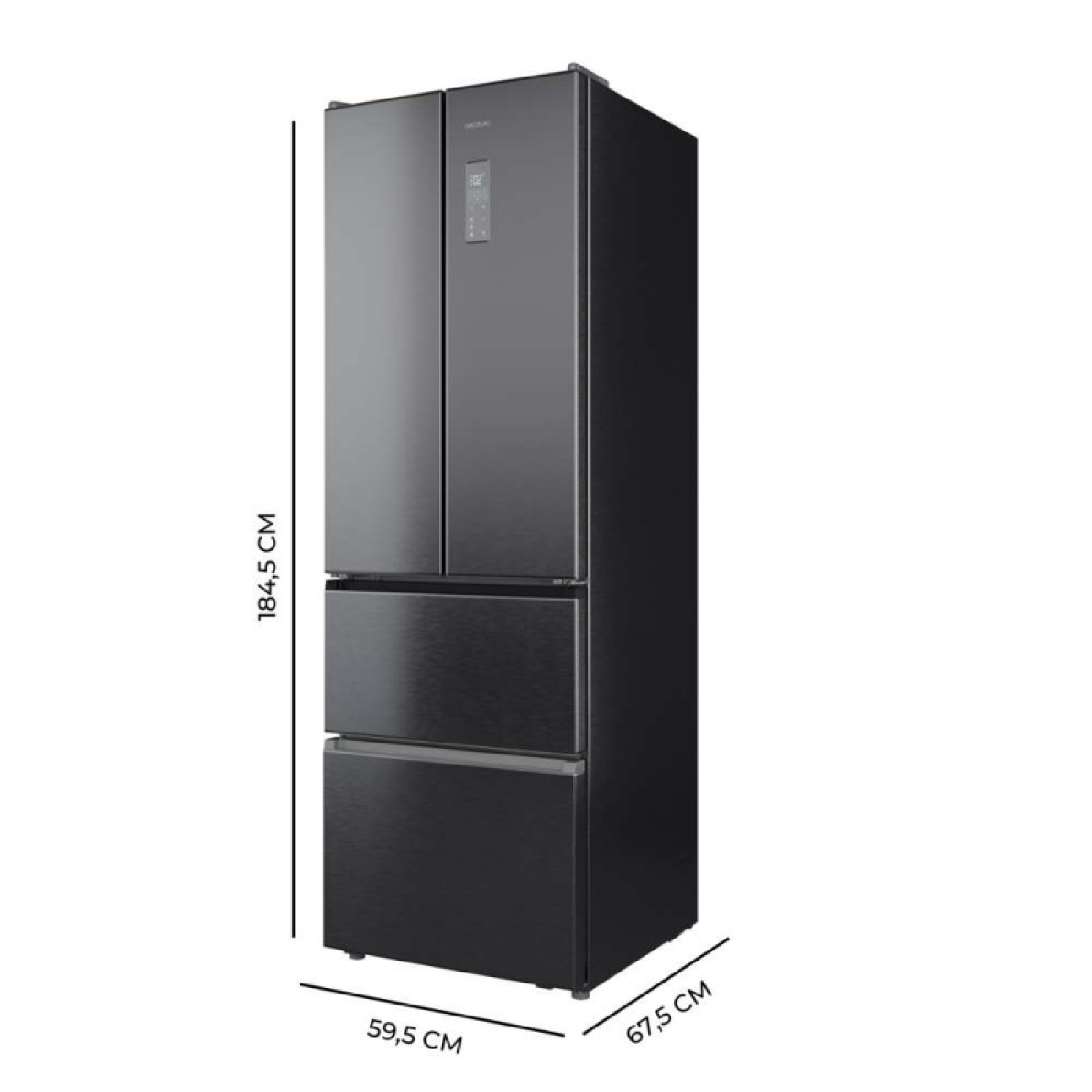 Un refrigerador multi-puerta negro con dimensiones: alto 184,5 cm, ancho 59,5 cm, fondo 67,5 cm.
