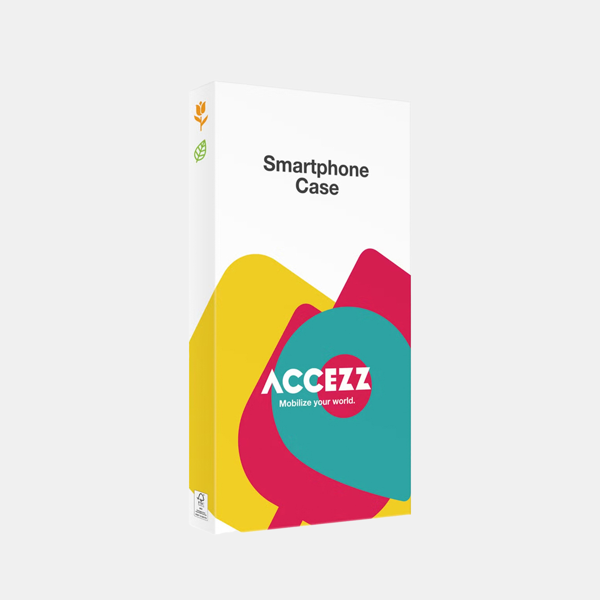 Eine weiße Accezz Smartphone-Hülle Verpackung mit gelben, roten und blauen Grafiken.