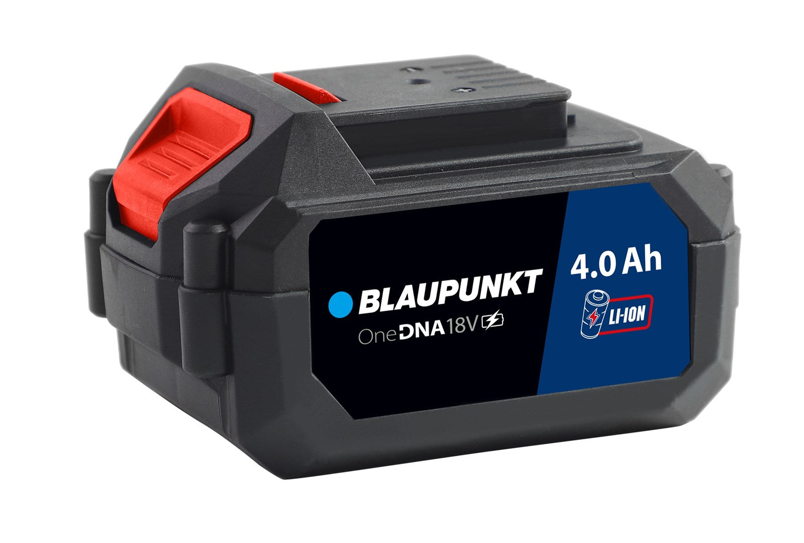 Czarna bateria akumulatorowa Blaupunkt 18V 4.0 Ah Li-Ion na białym tle.