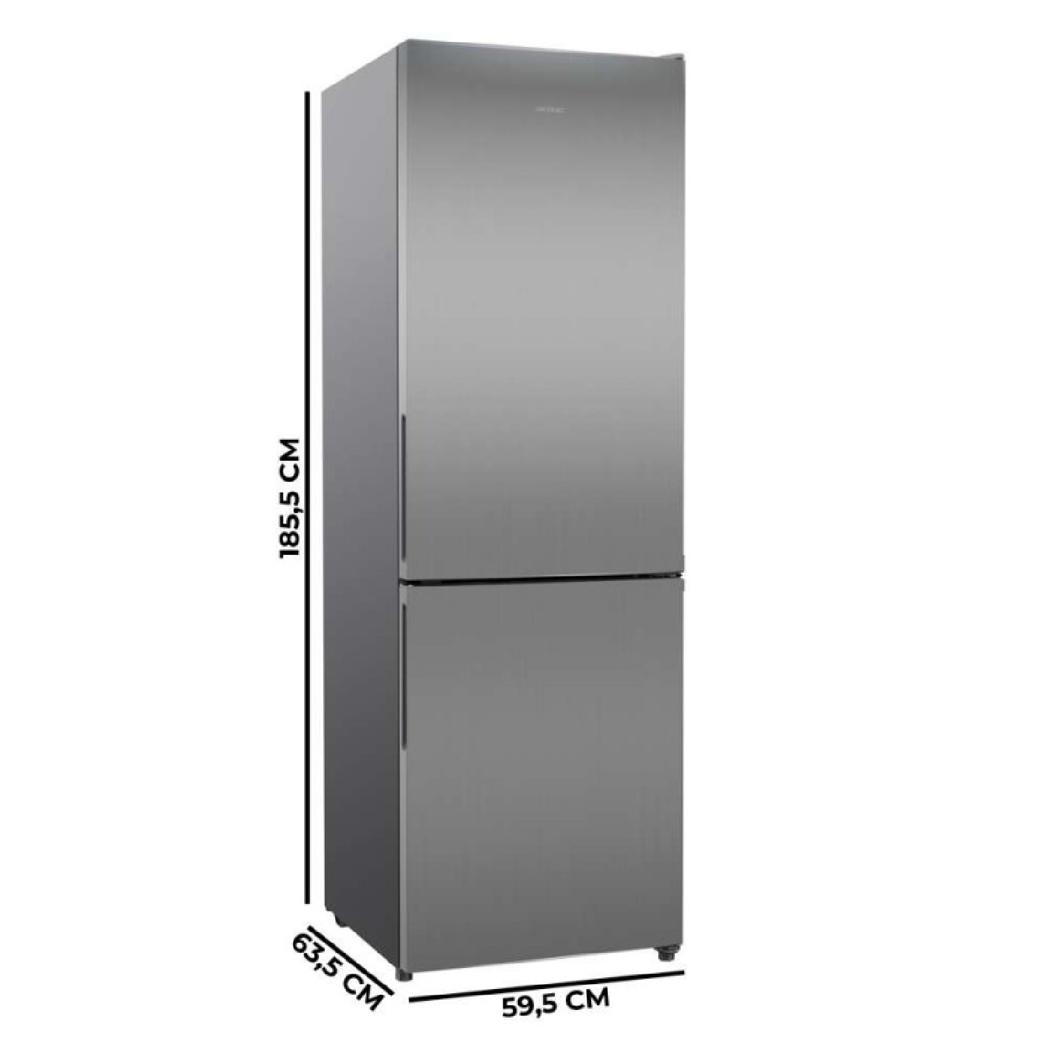 Frigorífico gris con dimensiones: 185,5 cm de alto, 59,5 cm de ancho y 63,5 cm de fondo.