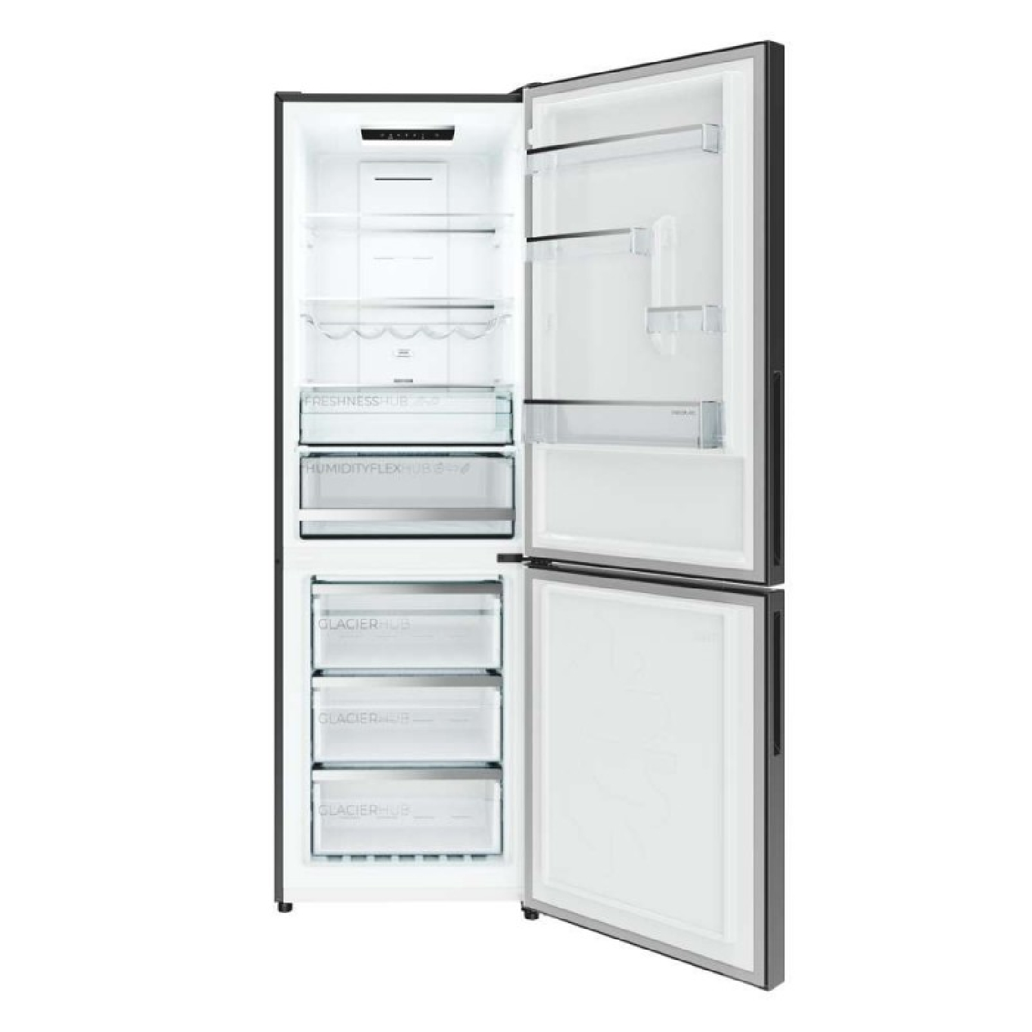 Frigorífico plateado abierto con estantes, cajones de vidrio y compartimentos en la puerta.