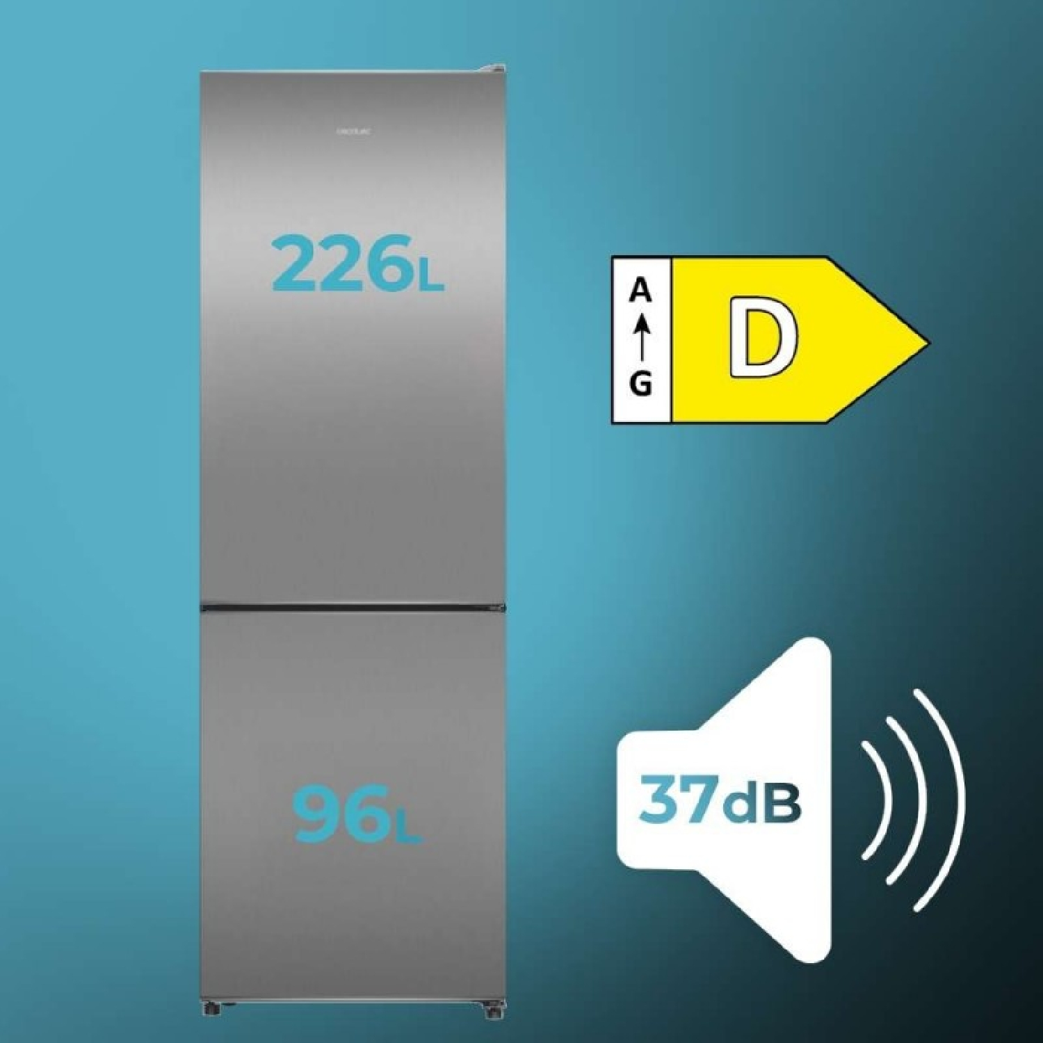 Frigorífico plateado con 226L y 96L, clase energética D y 37dB de nivel de ruido sobre fondo azul.