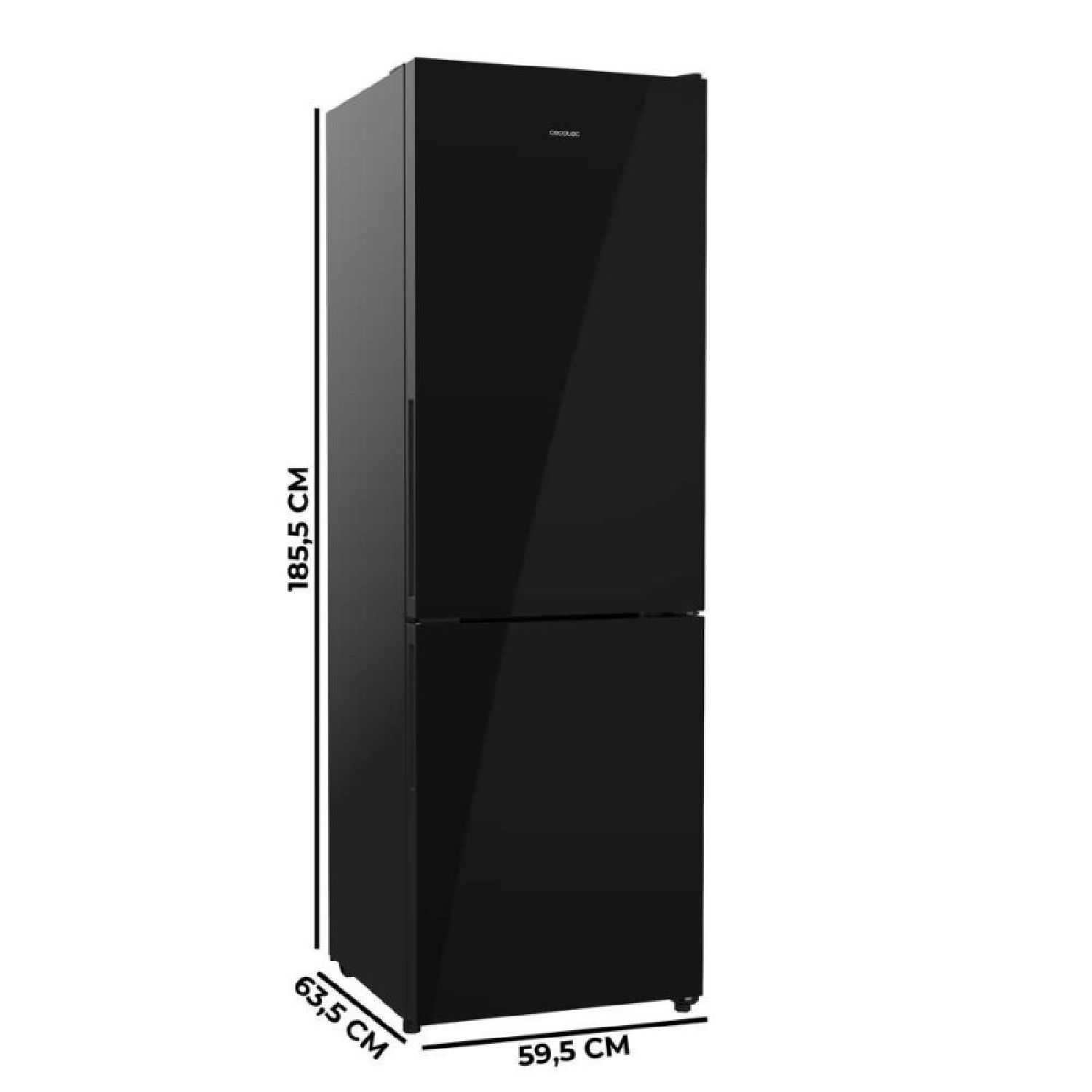 Frigorífico combi negro con dimensiones: 185,5 cm de alto, 59,5 cm de ancho, 63,5 cm de fondo.