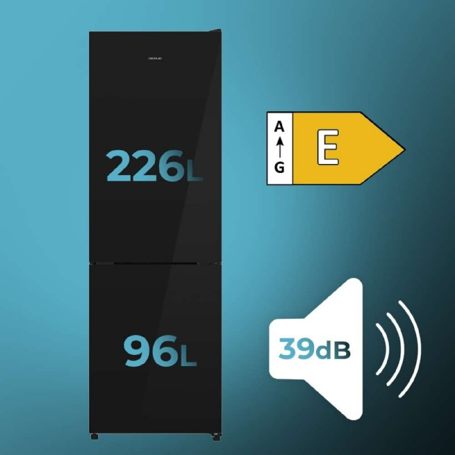 Frigorífico negro con capacidad de 226L y 96L, clase energética E y 39 dB de ruido.