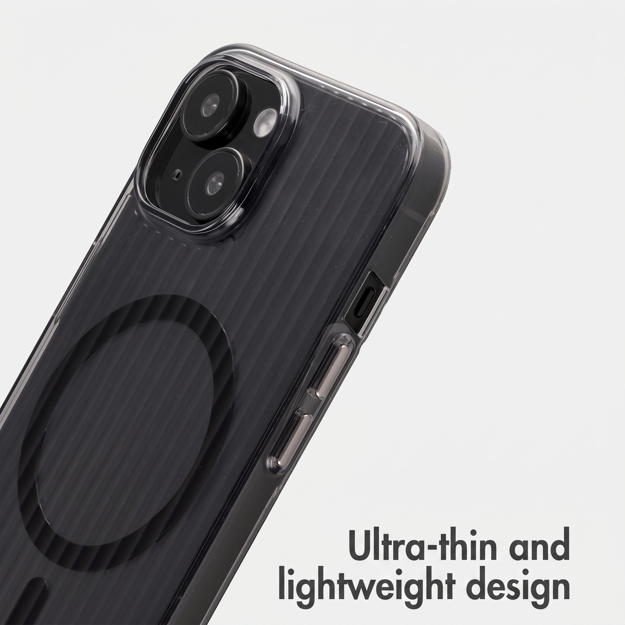 A black smartphone in a sleek case on a white background with text reading Ultra-thin and lightweight design.