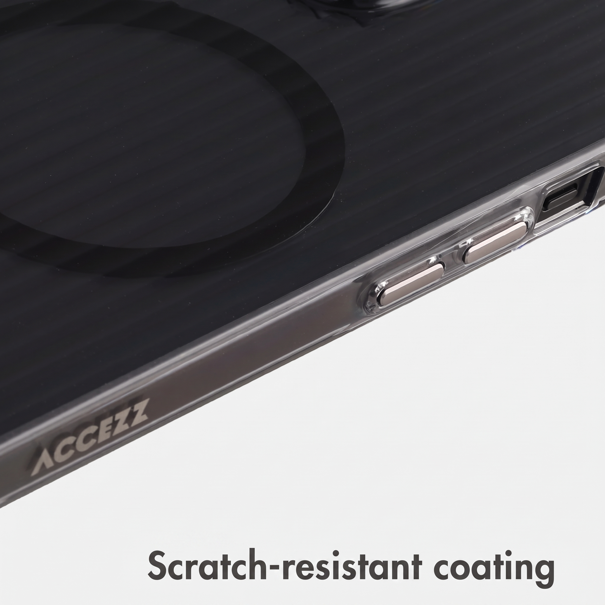 Close-up of a dark smartphone case with metallic side buttons and the brand name Accezz visible.
