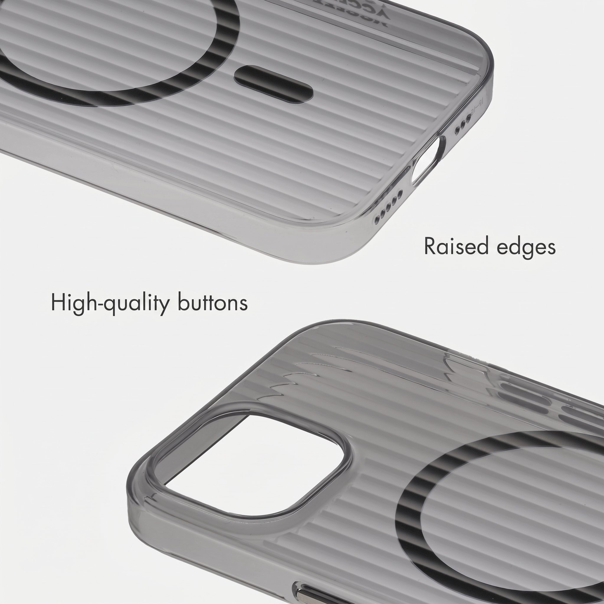 Two views of a ribbed gray phone case featuring raised edges and high-quality buttons, displayed on a light background.