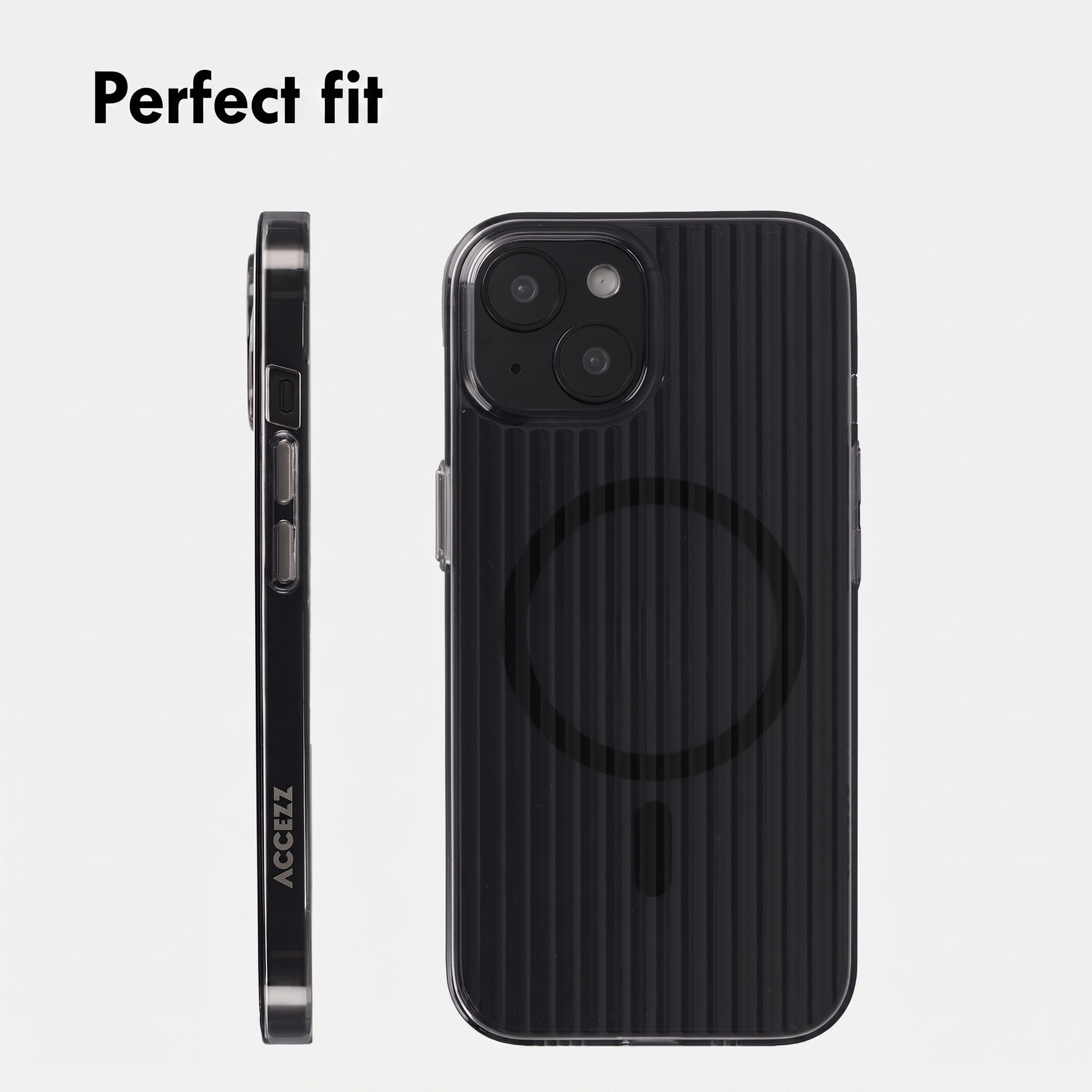 A black vertically ribbed phone case with MagSafe ring shown from back and side against a white background.