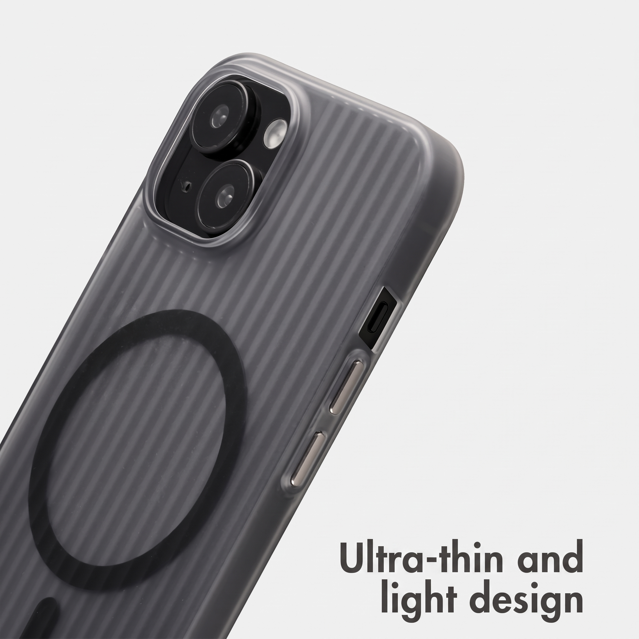 Grey protective case for a smartphone with camera and magnetic ring.