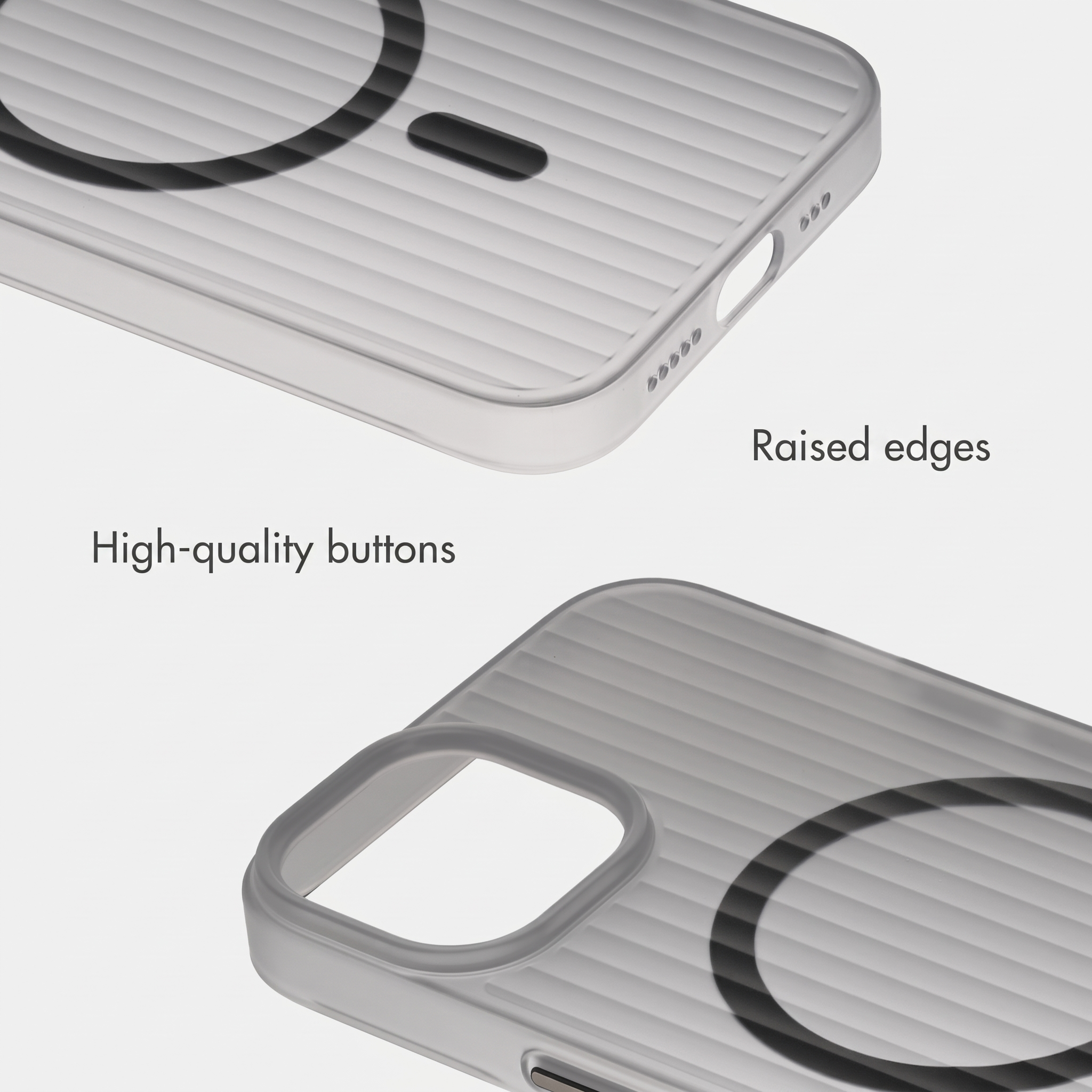 Transparent phone case featuring raised edges and built-in buttons.