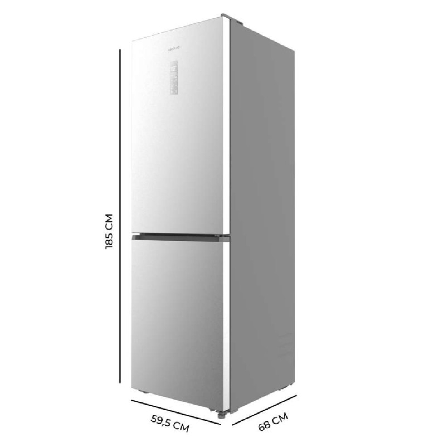 Frigorífico combi plateado con dimensiones: 185 cm de alto, 59,5 cm de ancho, 68 cm de fondo.
