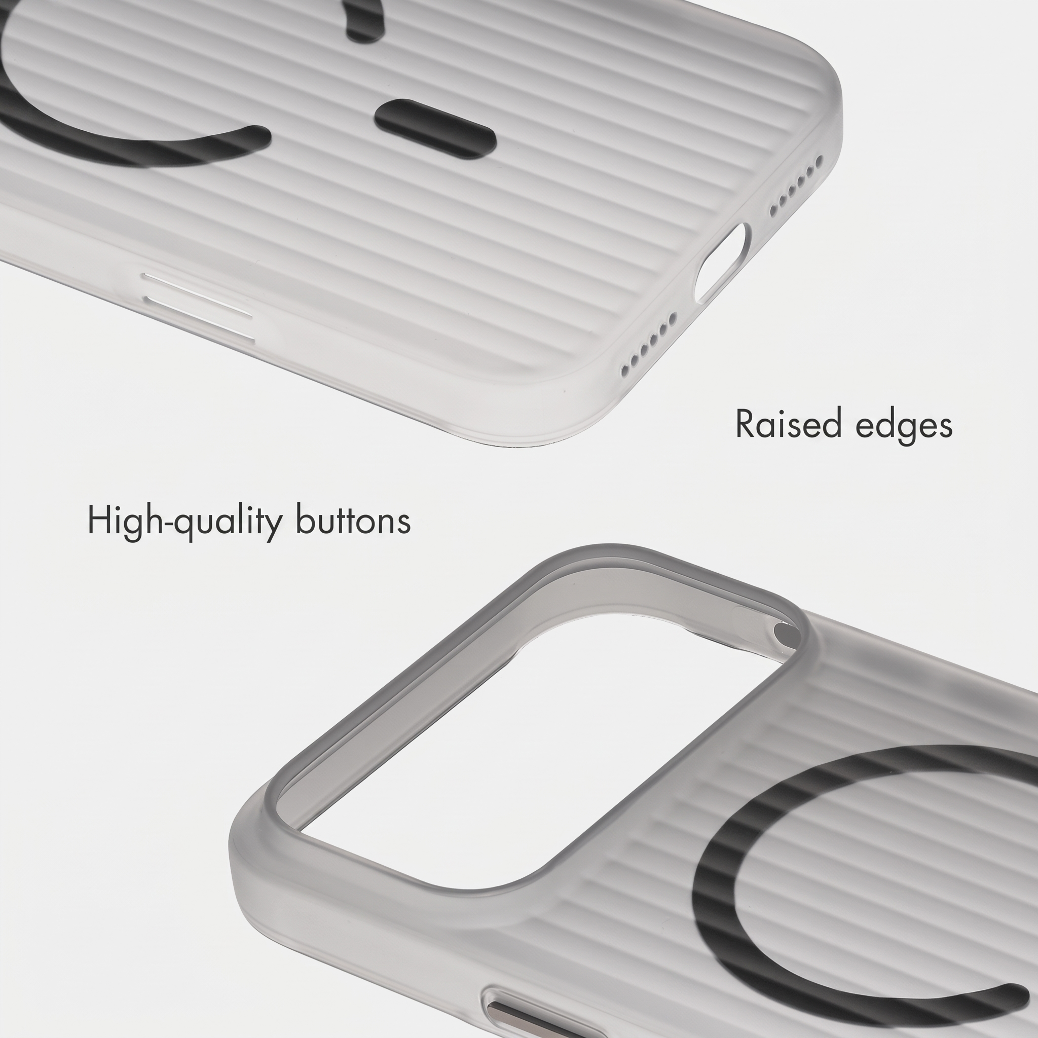 Transparente Schutzhülle mit geripptem Design, erhöhten Kanten und präzisen Knöpfen.