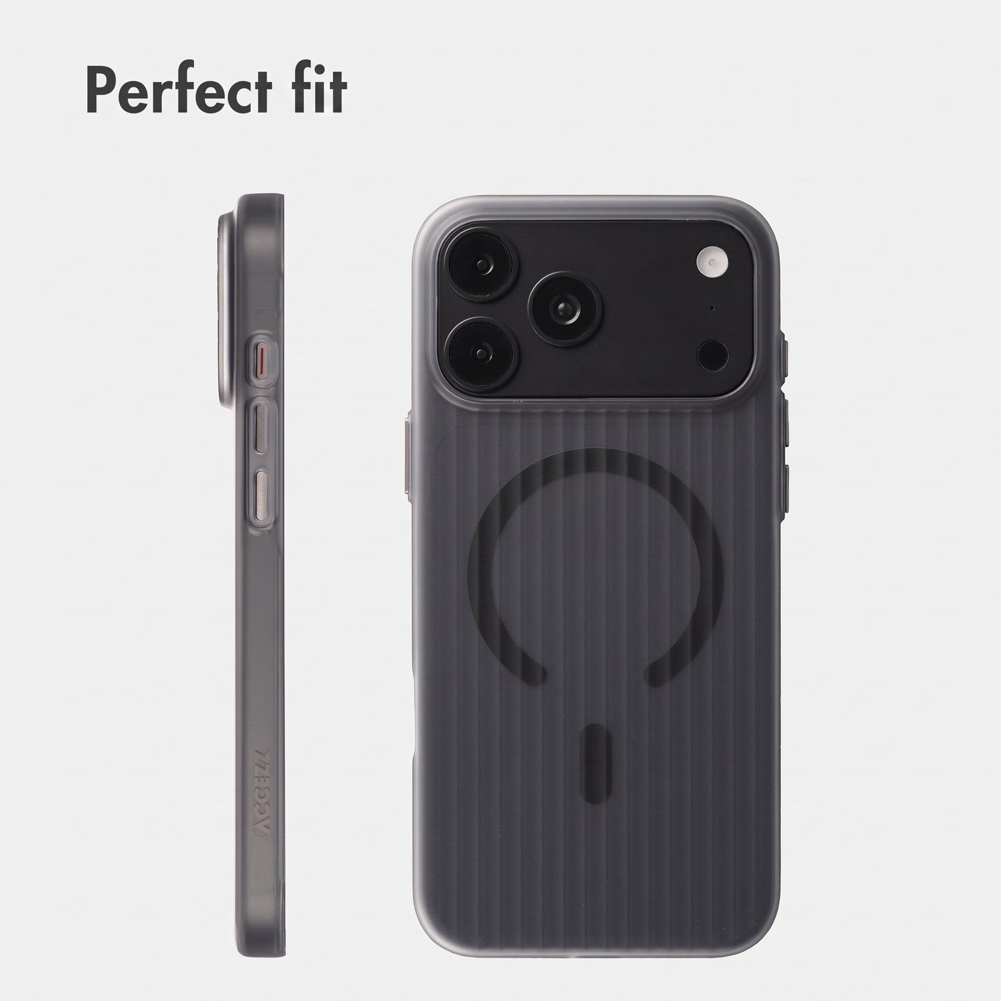 Graue Smartphone-Hülle mit MagSafe-Ring, von hinten und der Seite gezeigt, mit Text Perfect fit.