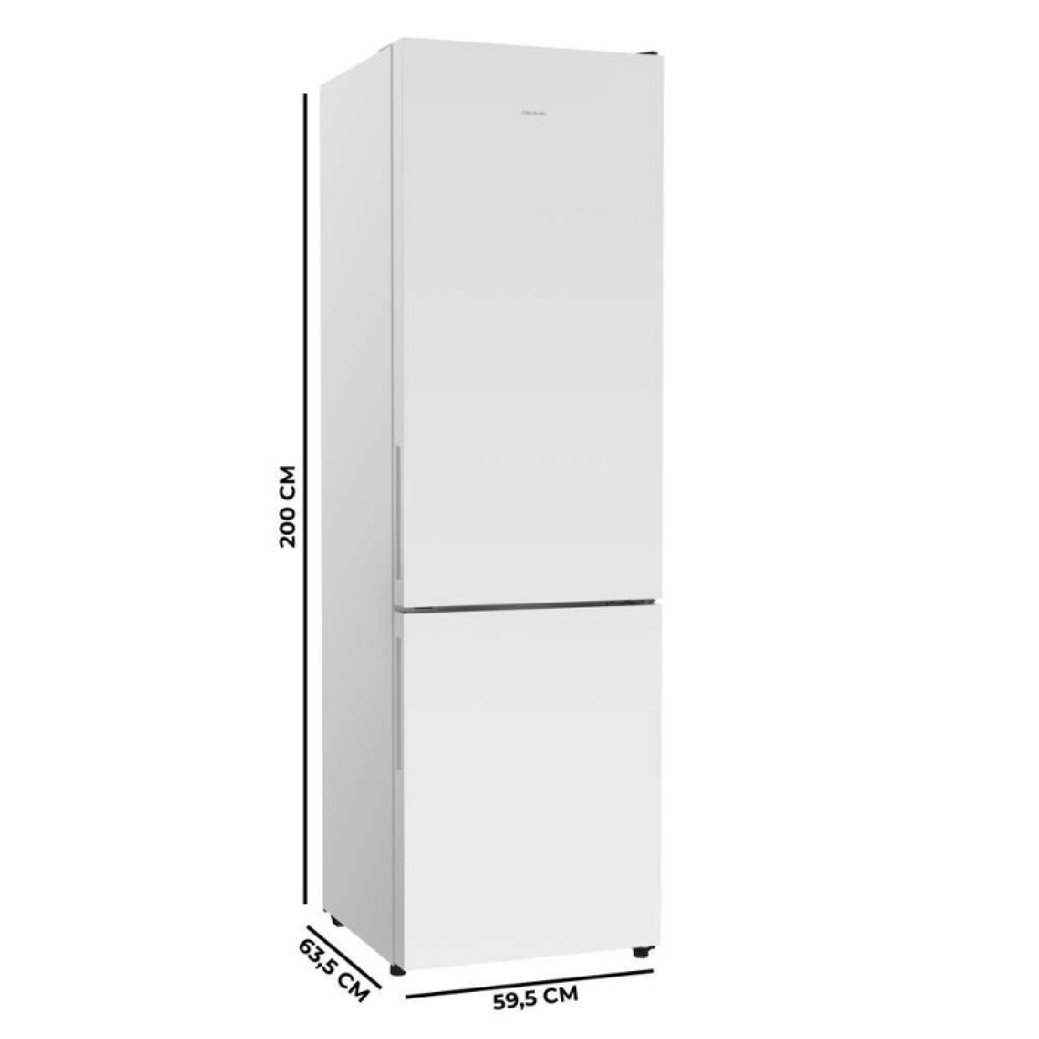 Frigorífico blanco independiente con dimensiones de 200 cm de alto, 59,5 cm de ancho y 63,5 cm de fondo.