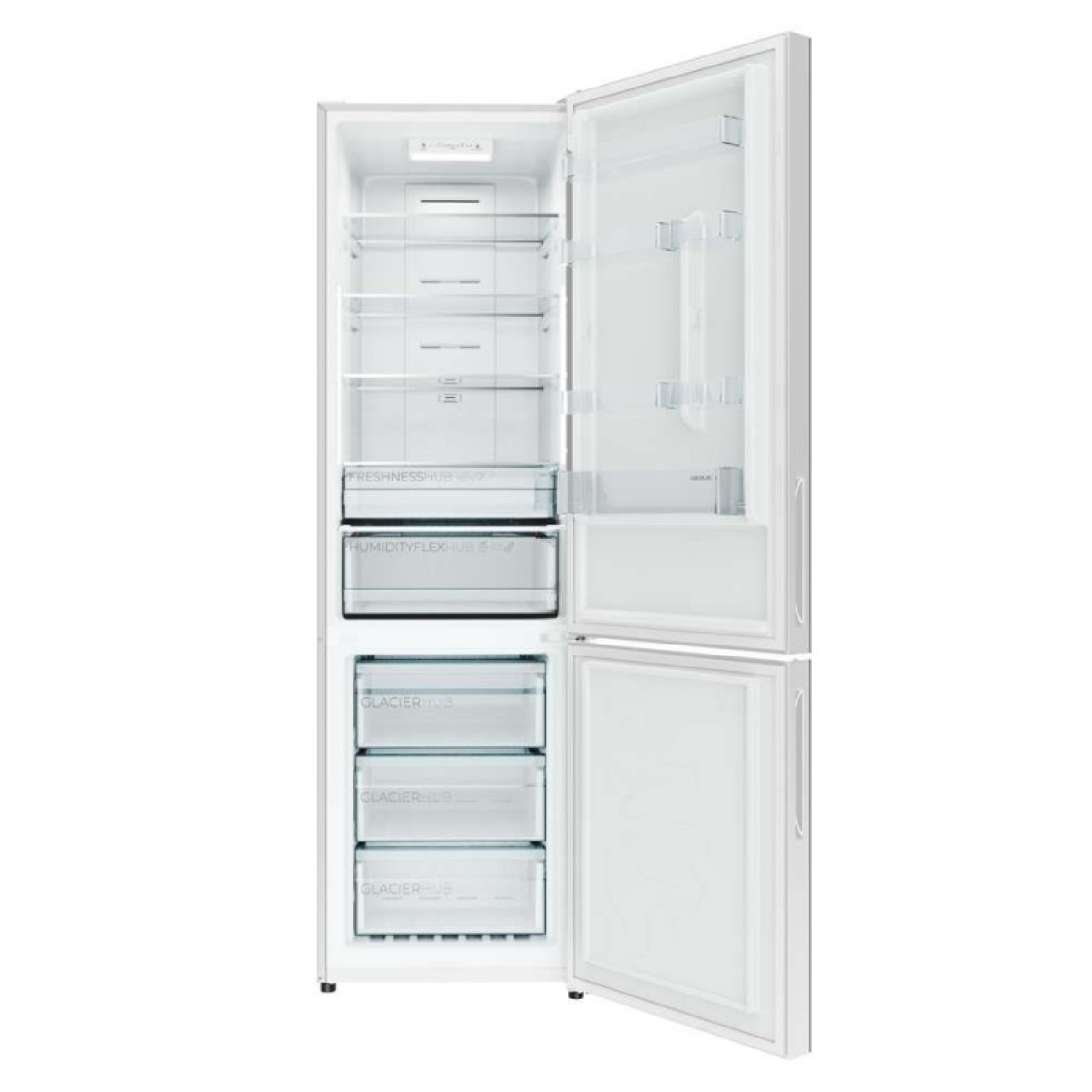 Un refrigerador blanco abierto muestra varios estantes y cajones transparentes en el interior.