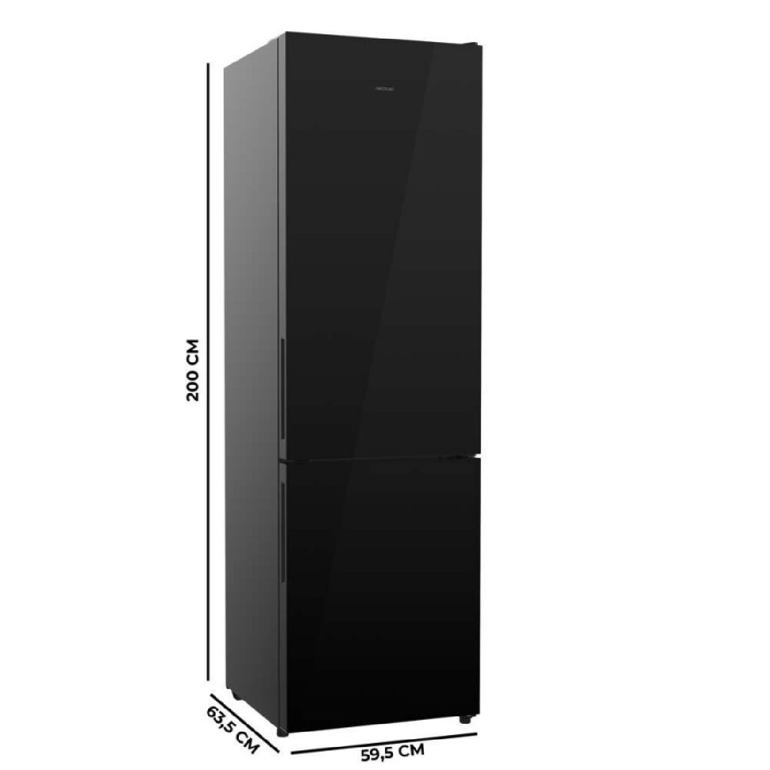 Un refrigerador negro con dimensiones de 200 cm de alto, 63,5 cm de profundidad y 59,5 cm de ancho.