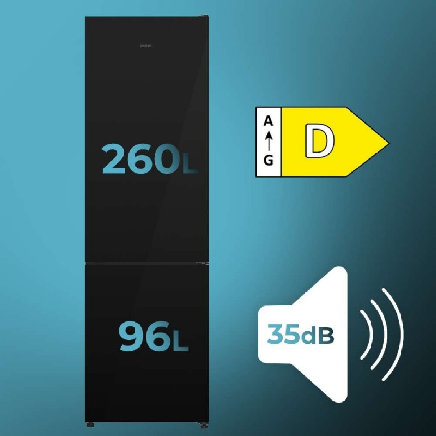 Frigorífico negro con capacidad de 260L y 96L, clase energética D y nivel de ruido de 35dB sobre fondo azul.