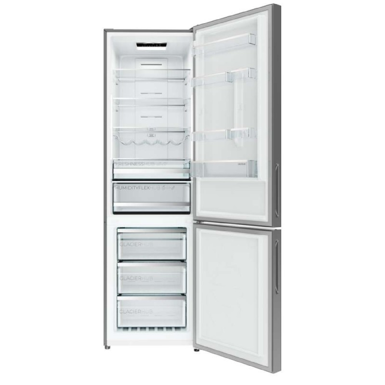 Refrigerador plateado con puertas abiertas, estantes transparentes y cajones de congelador.