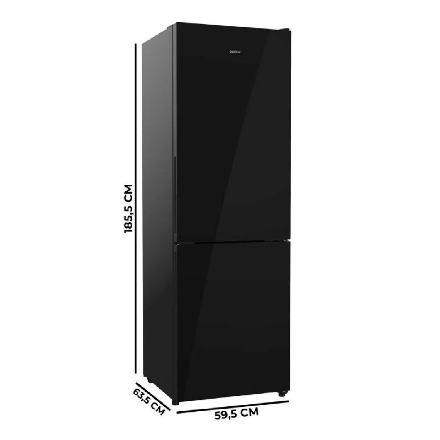Frigorífico combi negro con dimensiones: 185,5 cm de alto, 59,5 cm de ancho y 63,5 cm de fondo.