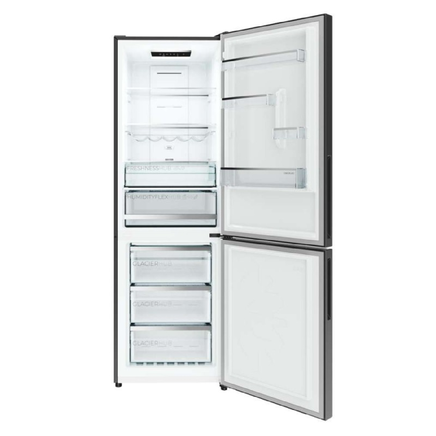 Refrigerador plateado moderno abierto con estantes de vidrio y cajones de congelador sobre fondo blanco.
