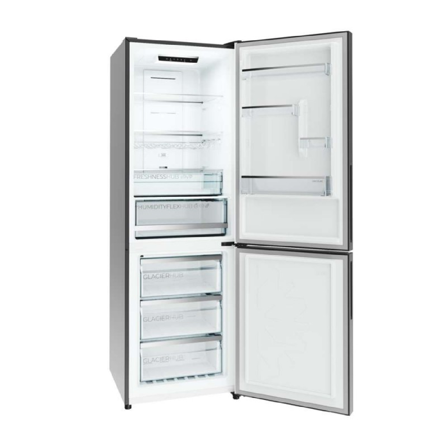 Un refrigerador plateado con puertas abiertas, que muestra estantes de vidrio vacíos, compartimentos y cajones inferiores.