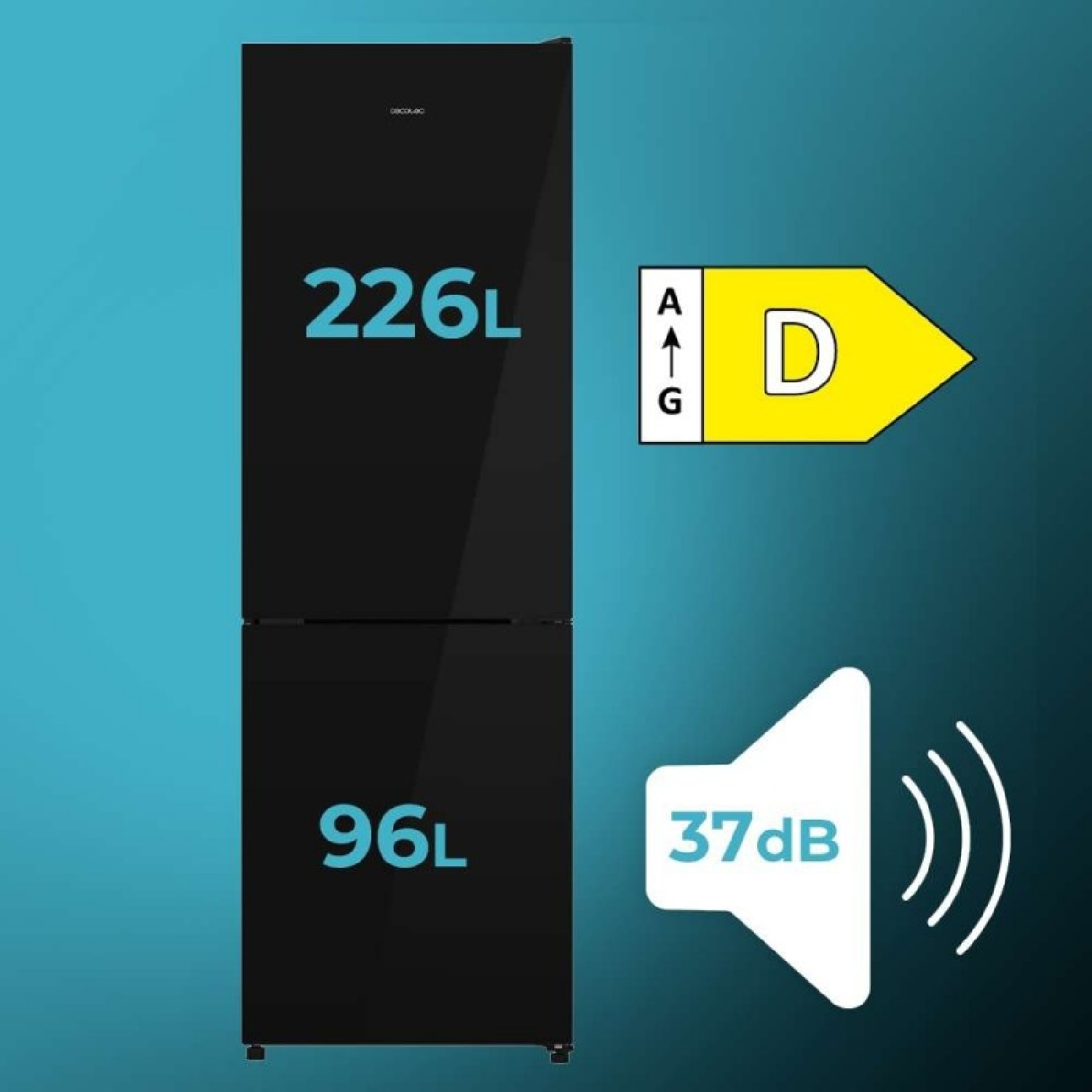 Frigorífico negro con capacidad de 226L y 96L, clase energética D y 37 dB de ruido sobre fondo azul.