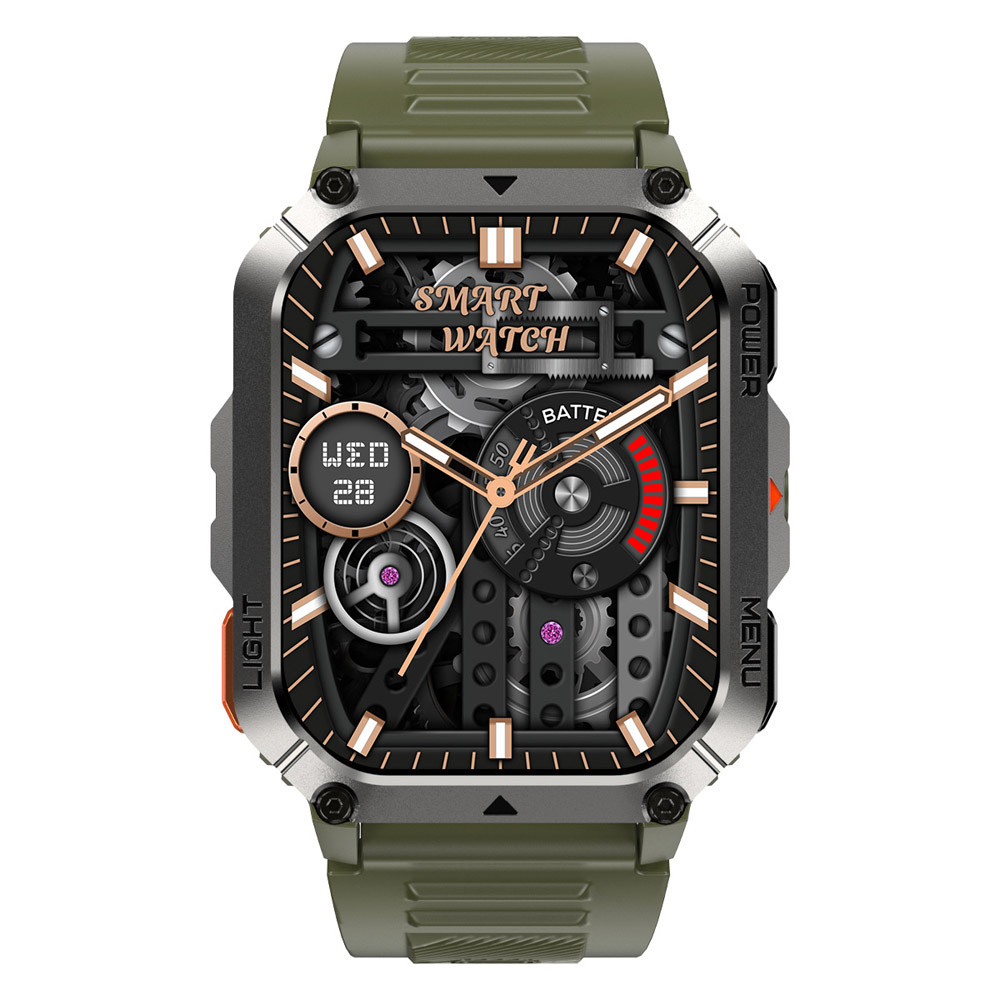 Smartwatch robusto con cinturino in silicone verde oliva e quadrante meccanico complesso.