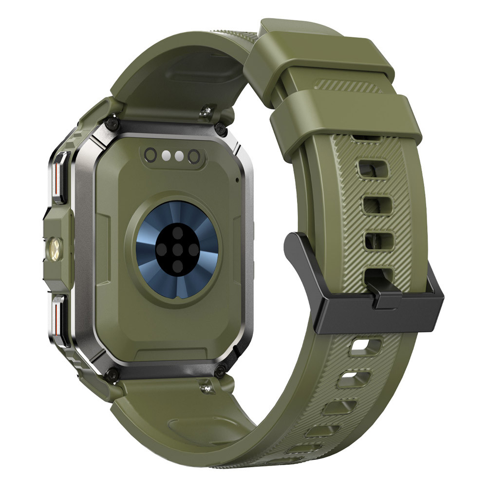 Vista posteriore di uno smartwatch verde con sensore e cinturino testurizzato.