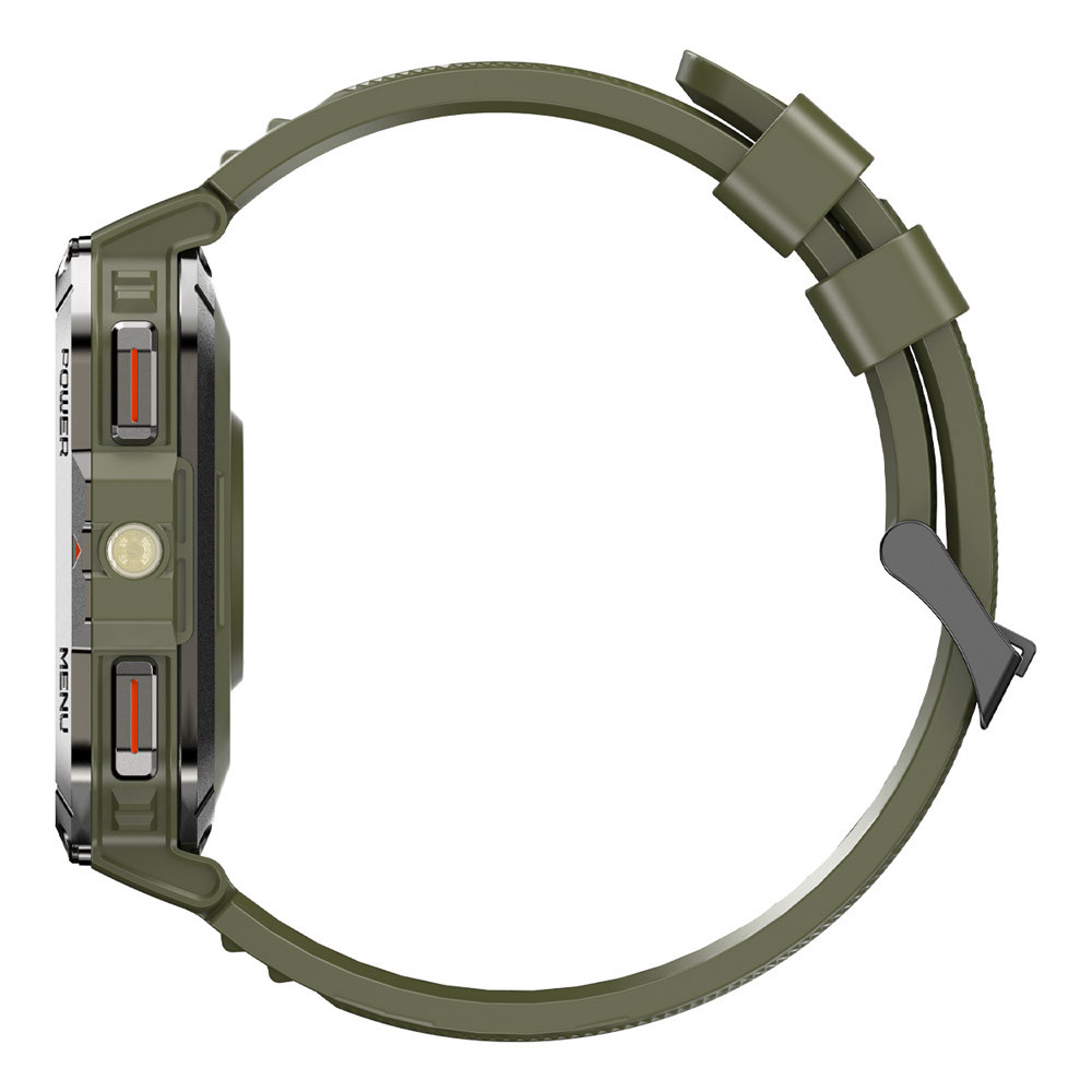 Vista laterale di uno smartwatch robusto con cinturino in silicone verde oliva su sfondo bianco.