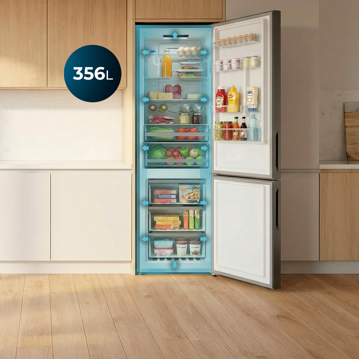 Frigorífico abierto con alimentos en una cocina luminosa, con holograma azul.
