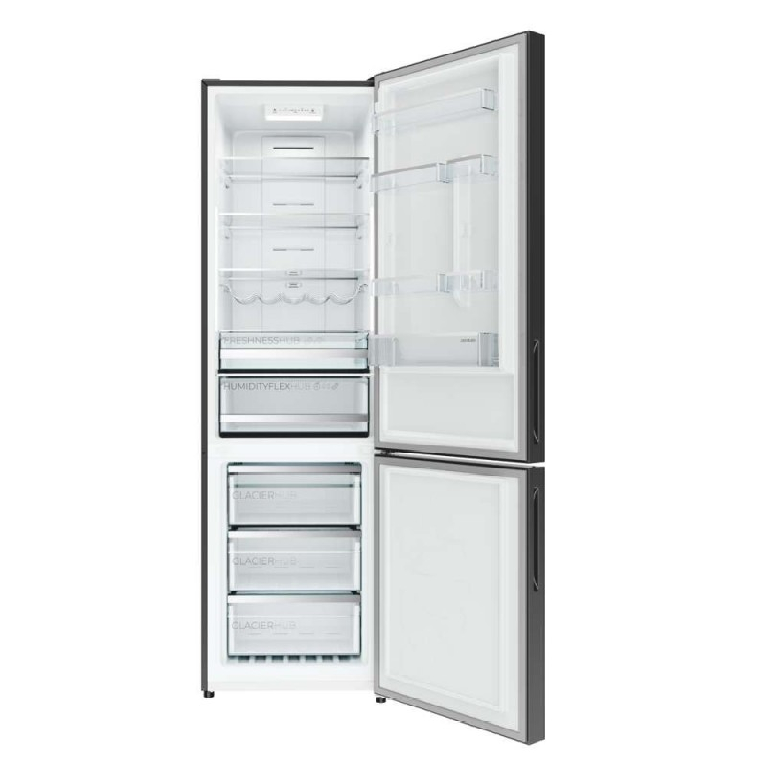 Un refrigerador gris abierto con estantes de vidrio, compartimentos en la puerta y cajones.