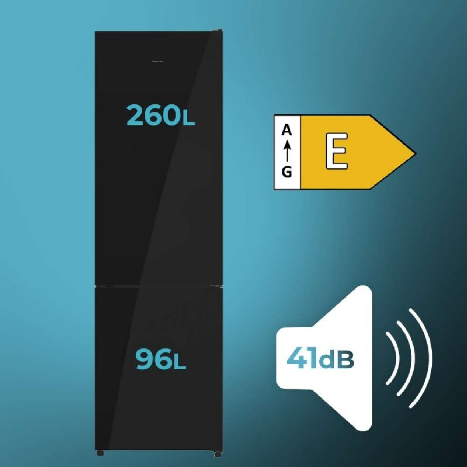 Frigorífico negro con capacidad de 260L y 96L, etiqueta energética E e icono de ruido de 41dB.