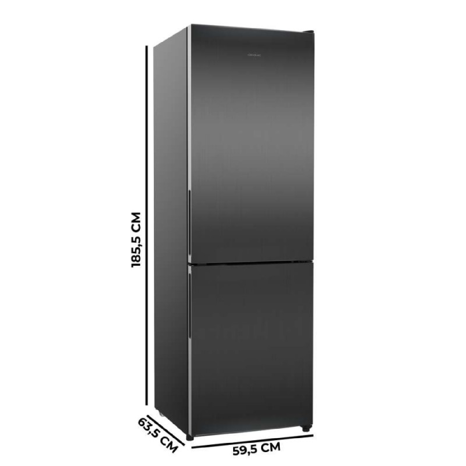 Frigorífico combi negro con dimensiones: 185,5 cm alto, 59,5 cm ancho, 63,5 cm fondo.