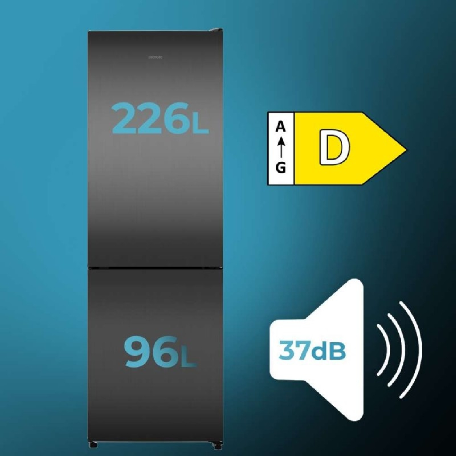 Frigorífico negro de 226L y 96L, etiqueta energética D y 37dB sobre fondo azul.