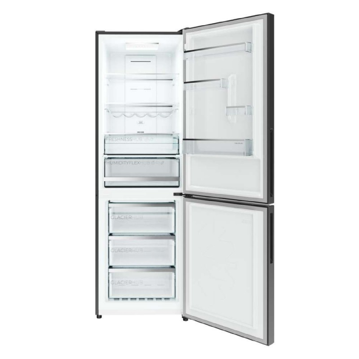 Refrigerador plateado abierto con estantes de vidrio, cajones para verduras y congelador en fondo blanco.