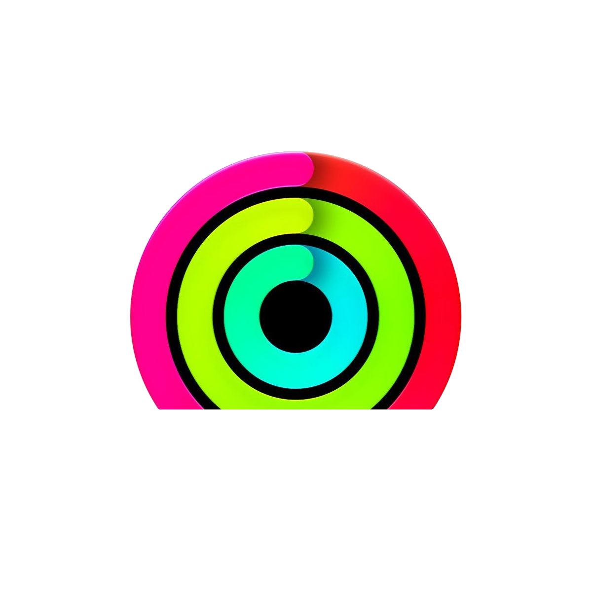 Cerchi concentrici colorati in rosa, rosso, giallo e turchese su sfondo bianco.