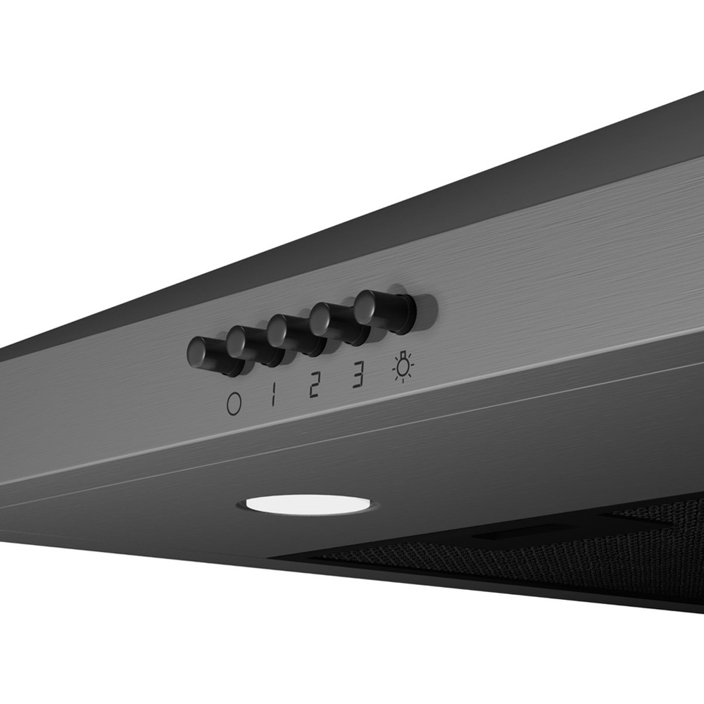 Underside view of a gray range hood with five black buttons and an illuminated LED light.