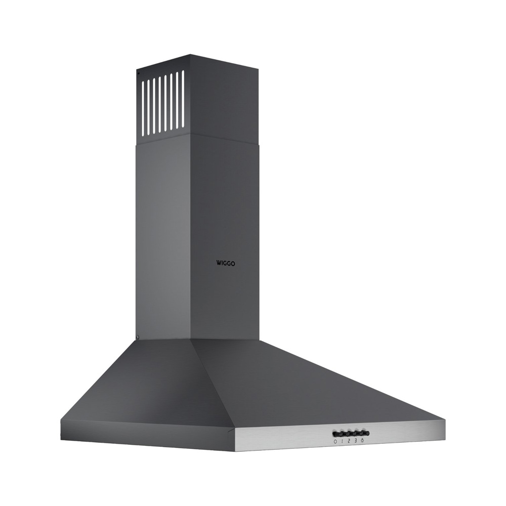 Dark gray stainless steel range hood with buttons and brand logo.